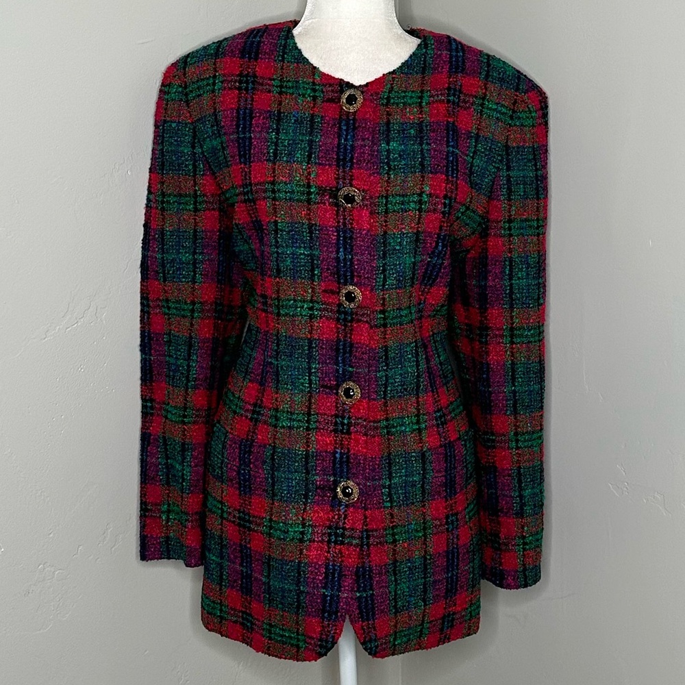 Vintage Jacqueline Ferrar Bright Plaid Blazer Dress Jacket